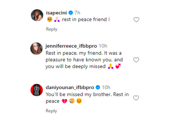 The IFBB Pro League Instagram account extended its deepest condolences.